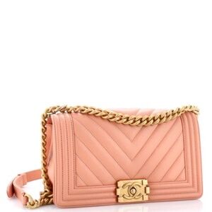 Authentic Chanel Boy Flap Bag Chevron Calfskin Old Medium